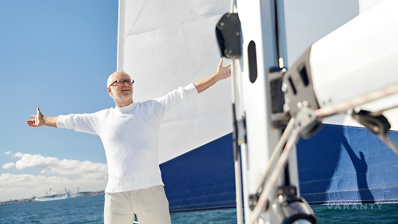 пожилой мужчина в белой футболке стоит на яхте с разведенными руками