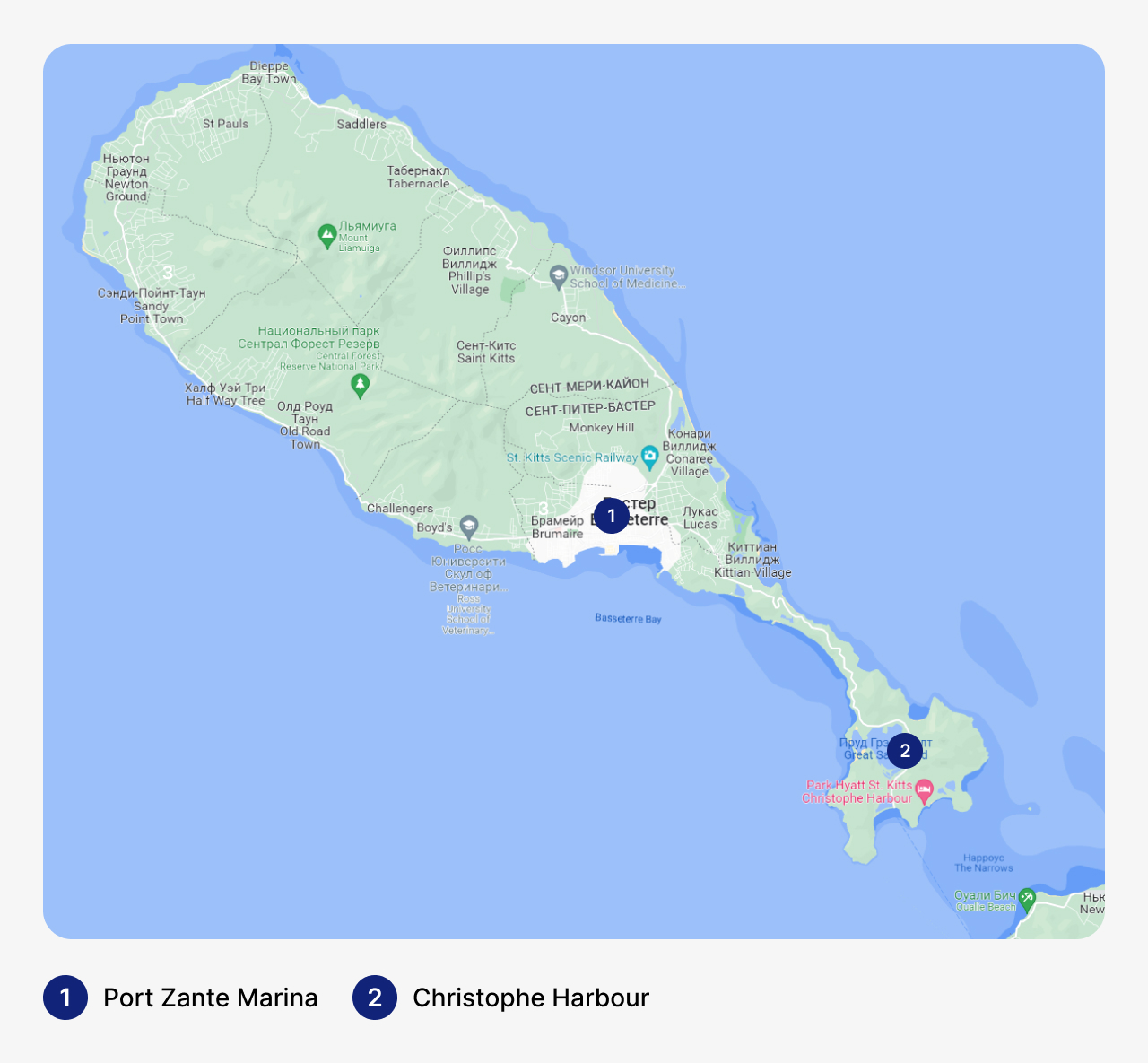 Лучшие марины в Сент-Китсе и Невисе, карта Сент-Китса и Невиса с маринами, стоянка для яхт в Сент-Китсе и Невисе, где хранить яхты в Сент-Китсе и Невисе